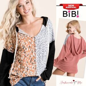 BiBi Popcorn Waffle Knit Printed Color Block Casual Hooded Sweatshirt | Black